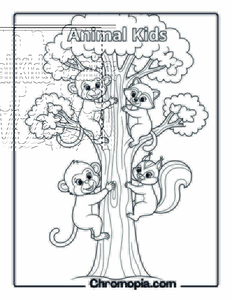 Animal Kids Climbing Tree Coloring Page