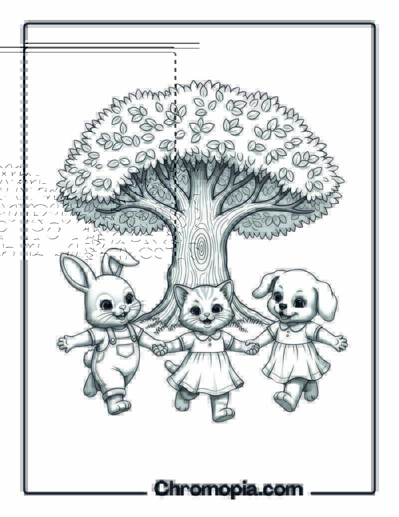 Animal Kids Playing Around Tree Coloring Sheet