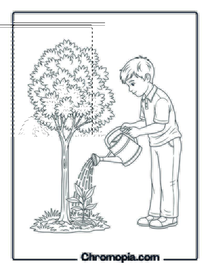 Boy Watering Tree Coloring Sheet