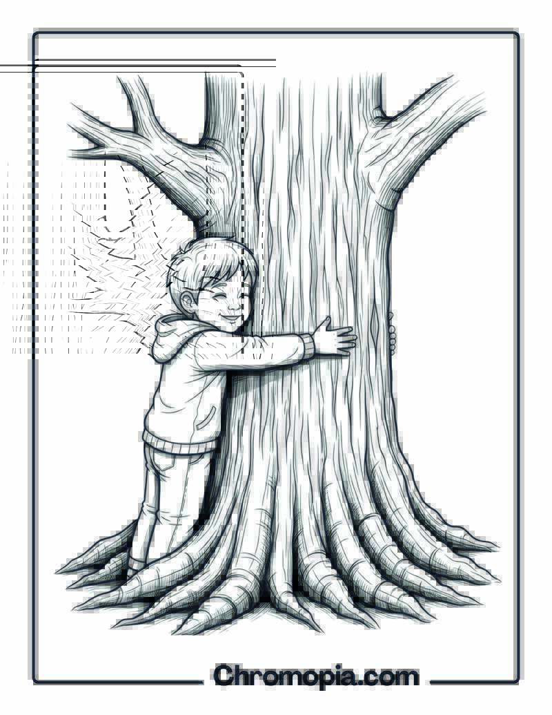 Child Hugging Tree Coloring Sheet