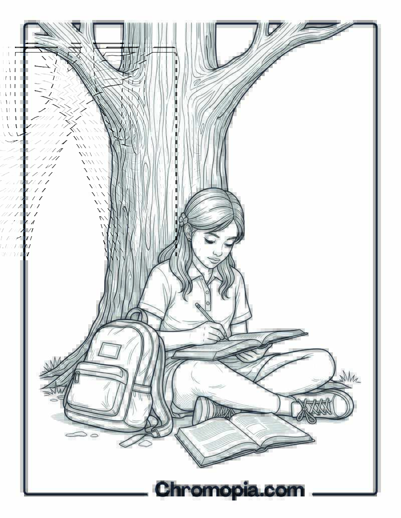 Girl Doing Homework Under Tree Coloring Page