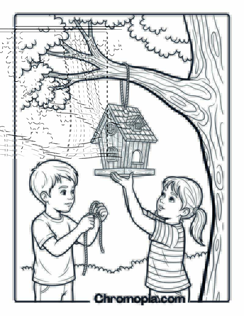 Kids Hanging Bird Feeder on Tree Coloring Page