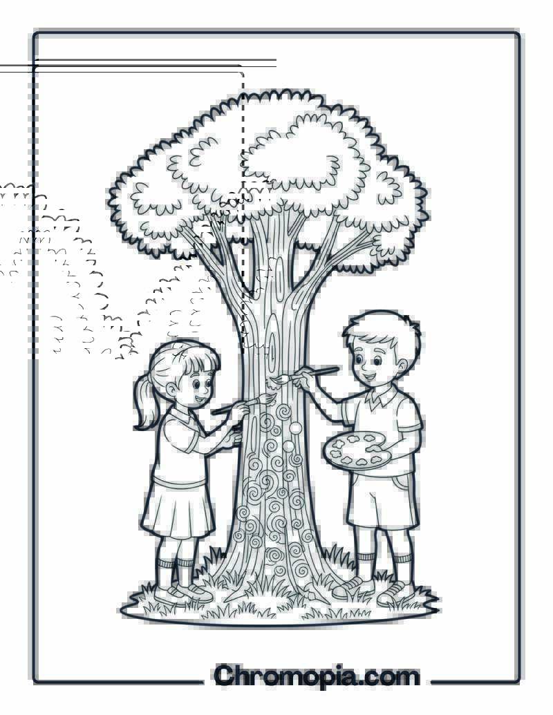 School Kids Painting Tree Coloring Page