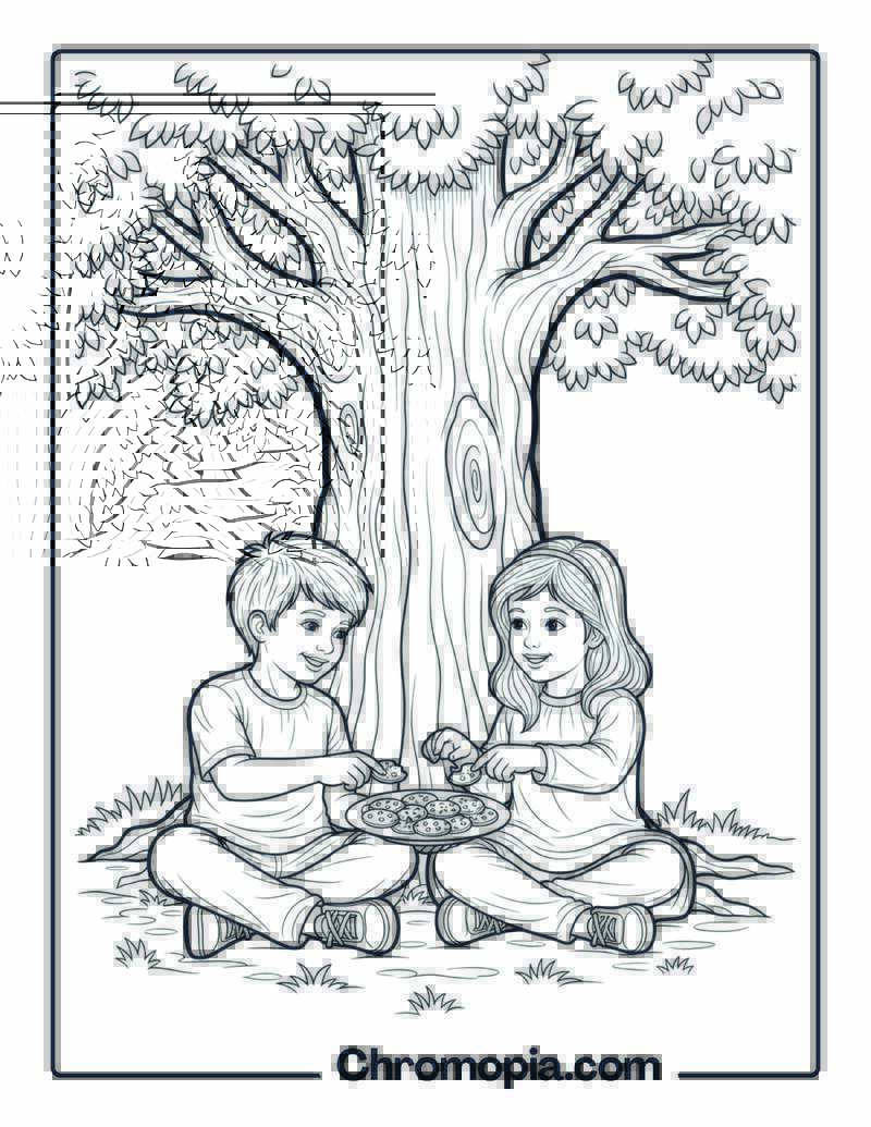Siblings Sharing Snacks Under Tree Coloring Sheet