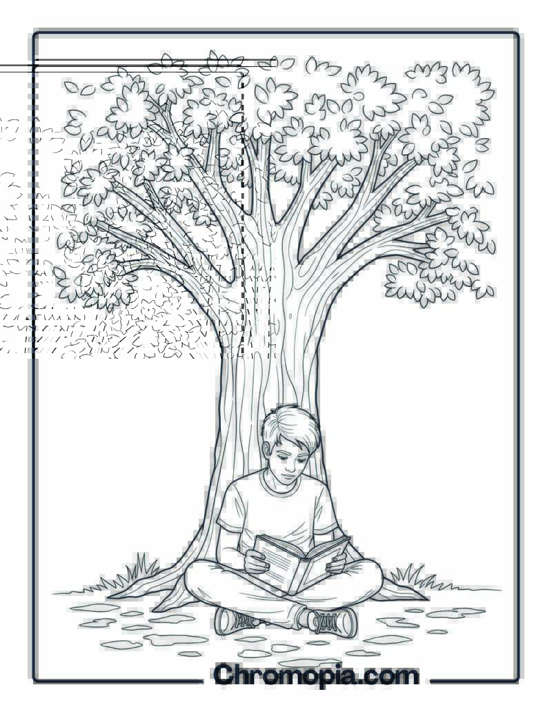 Teen Reading Under Tree Coloring Sheet