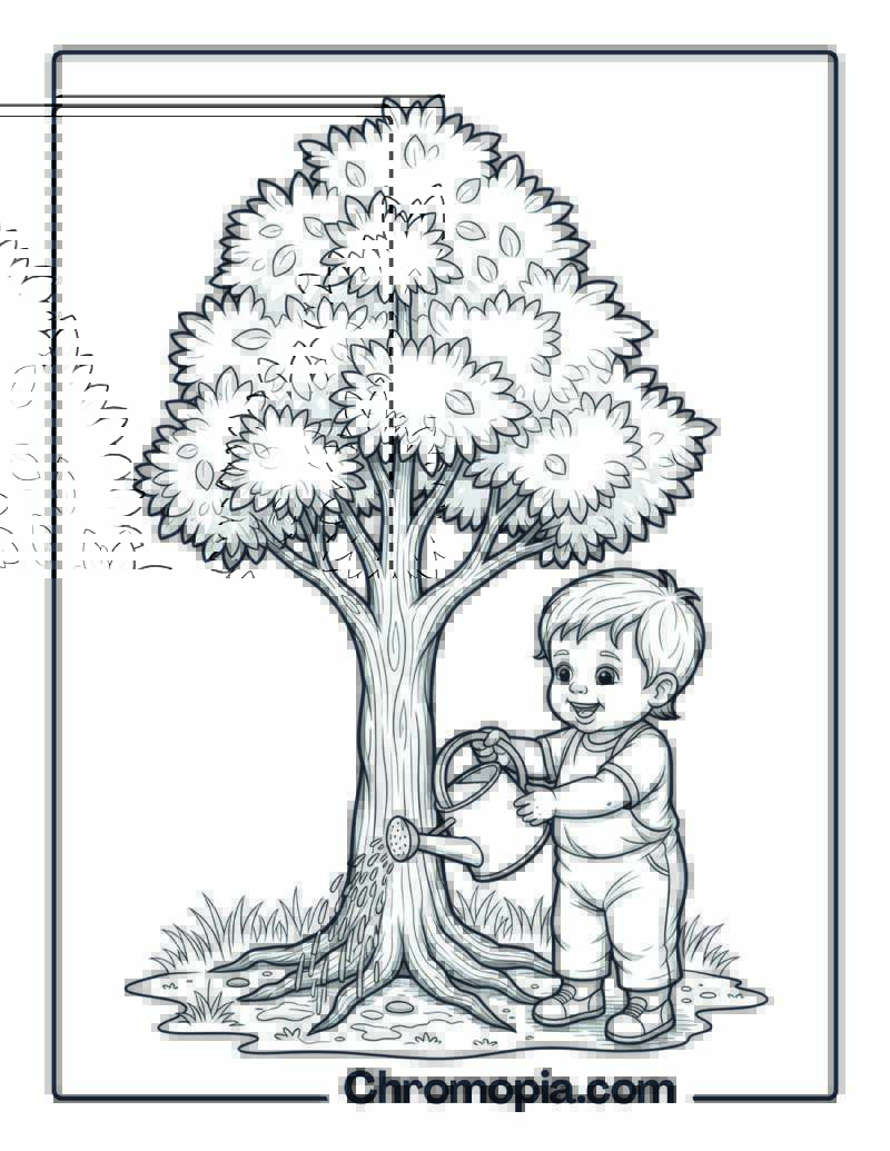 Toddler Watering Garden Tree Coloring Page