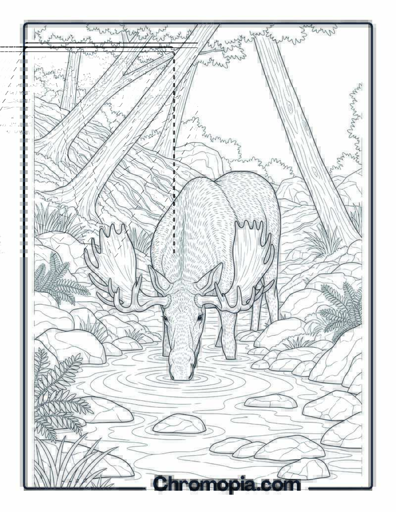 Moose Drinking from Stream coloring page