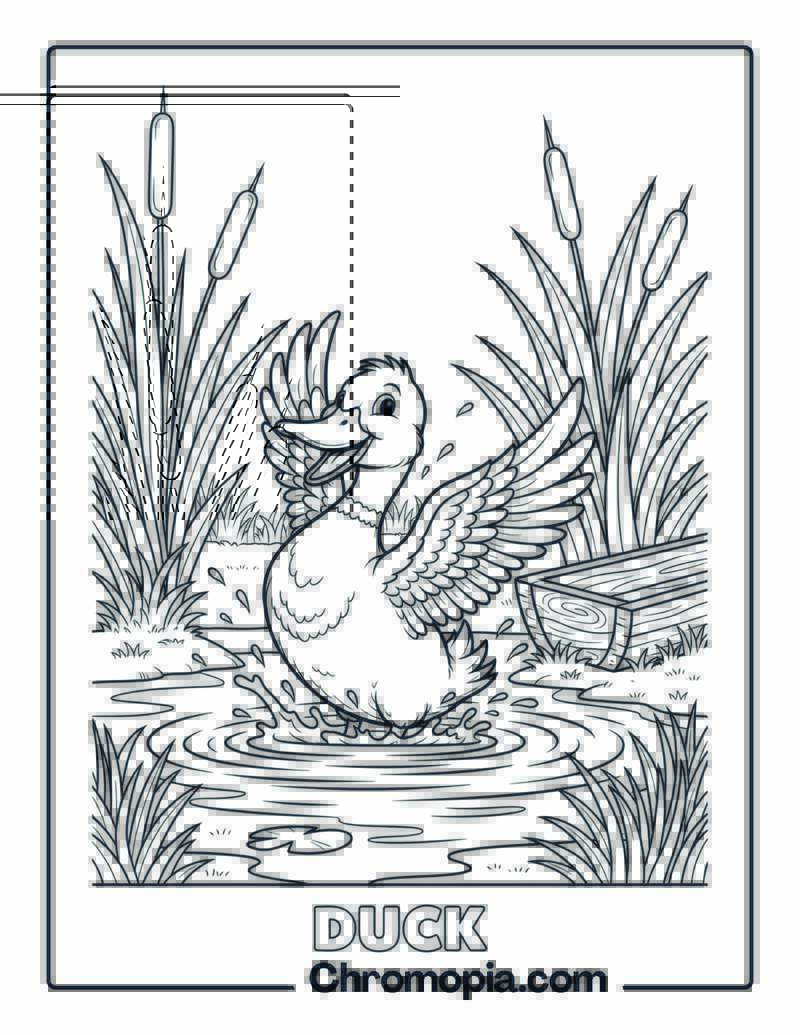 Duck Splashing in Pond coloring page