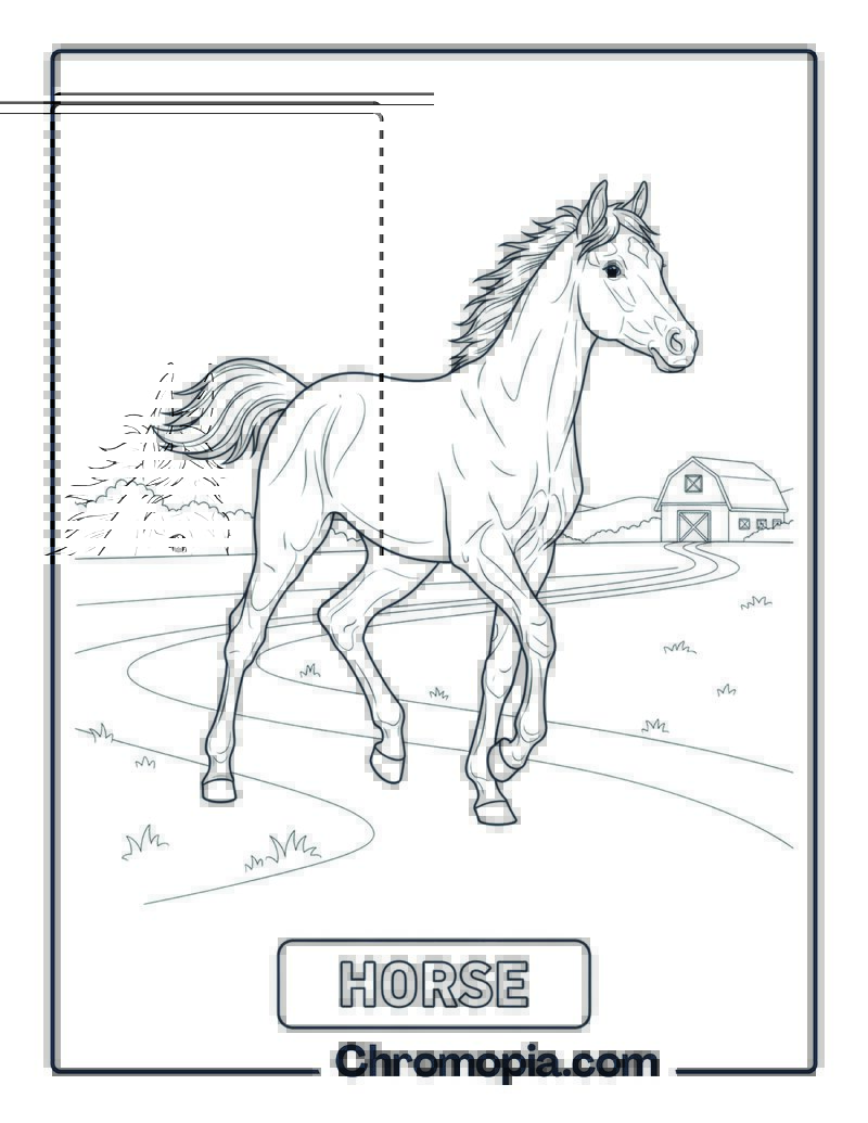 Horse Trotting Near Barn coloring page
