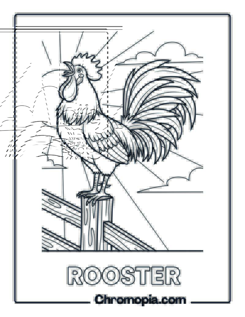 Rooster Crowing on Fence coloring page