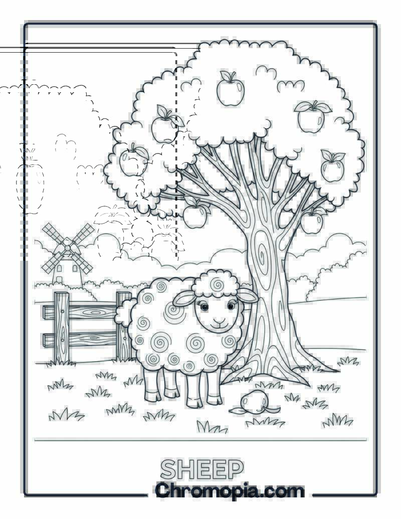 Sheep Under Apple Tree coloring page
