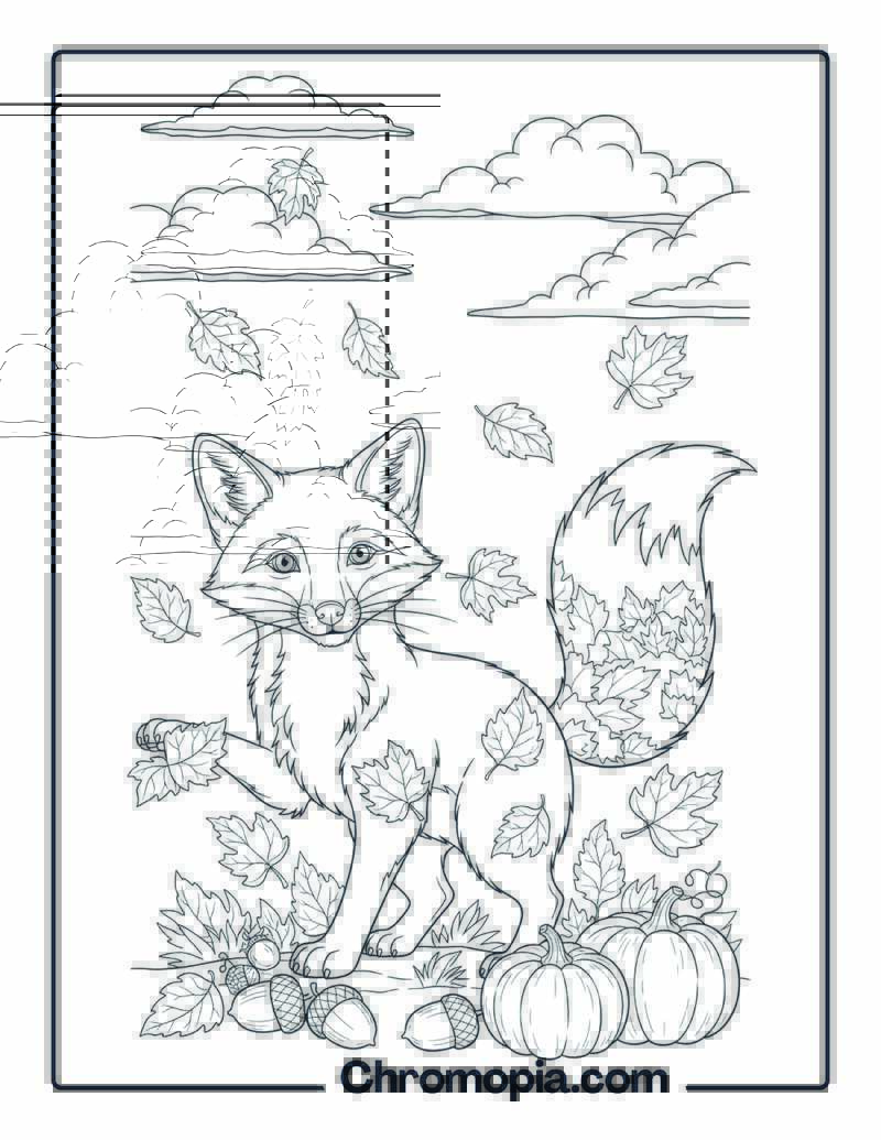 Autumn Fox with Leaves coloring page