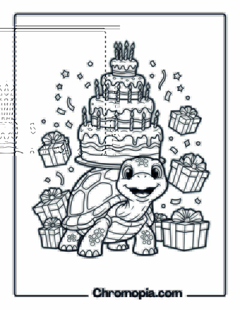 Birthday Turtle with Cake coloring page