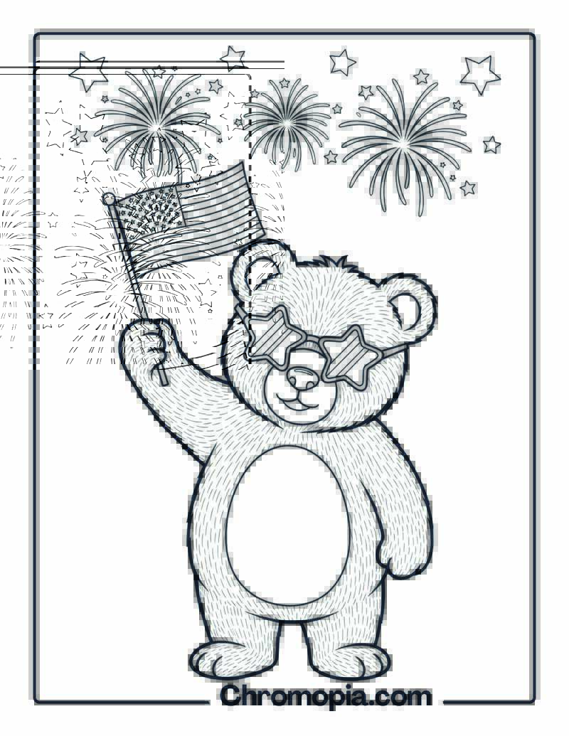 Fourth of July Bear with Flag coloring page