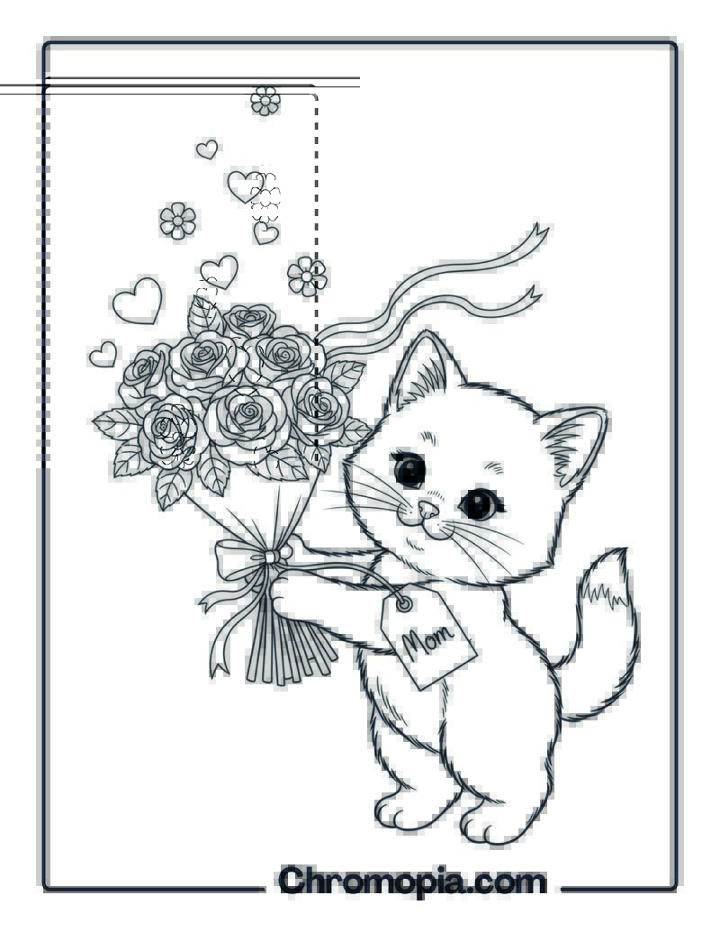 Mother’s Day Kitten with Bouquet coloring page