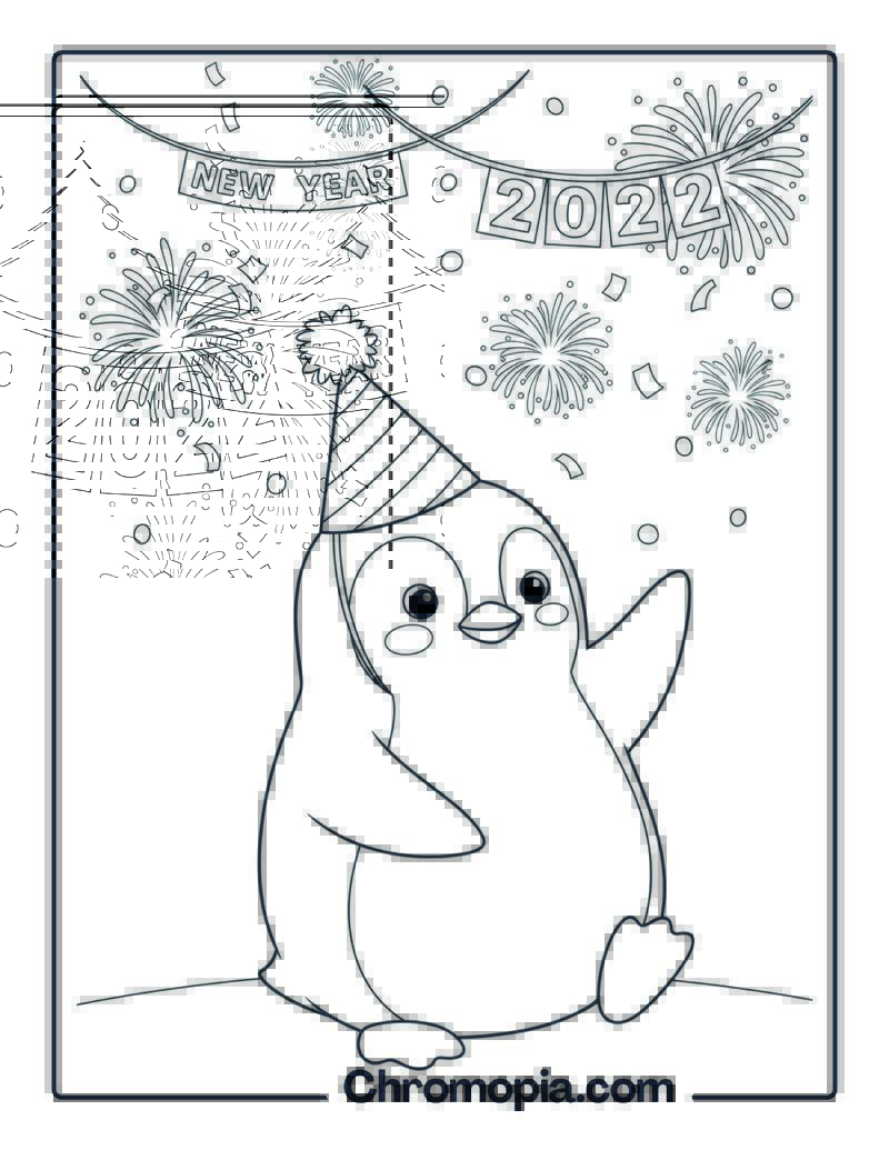 New Year Penguin in Party Hat coloring page