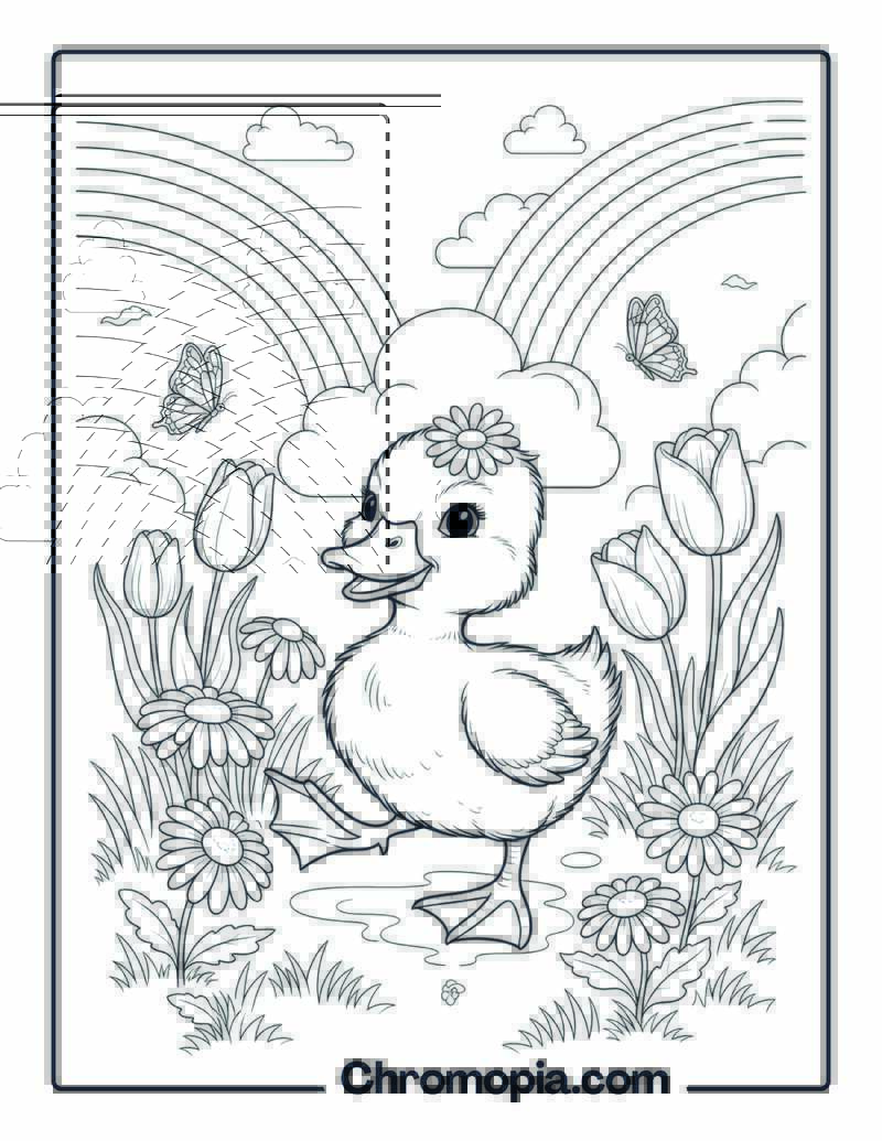 Spring Duckling with Flowers coloring page