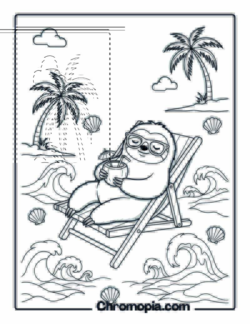 Summer Beach Sloth coloring page