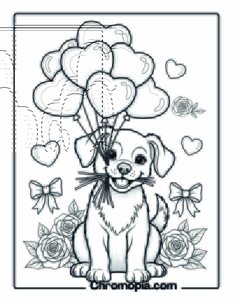 Valentine Puppy with Heart Balloons coloring page
