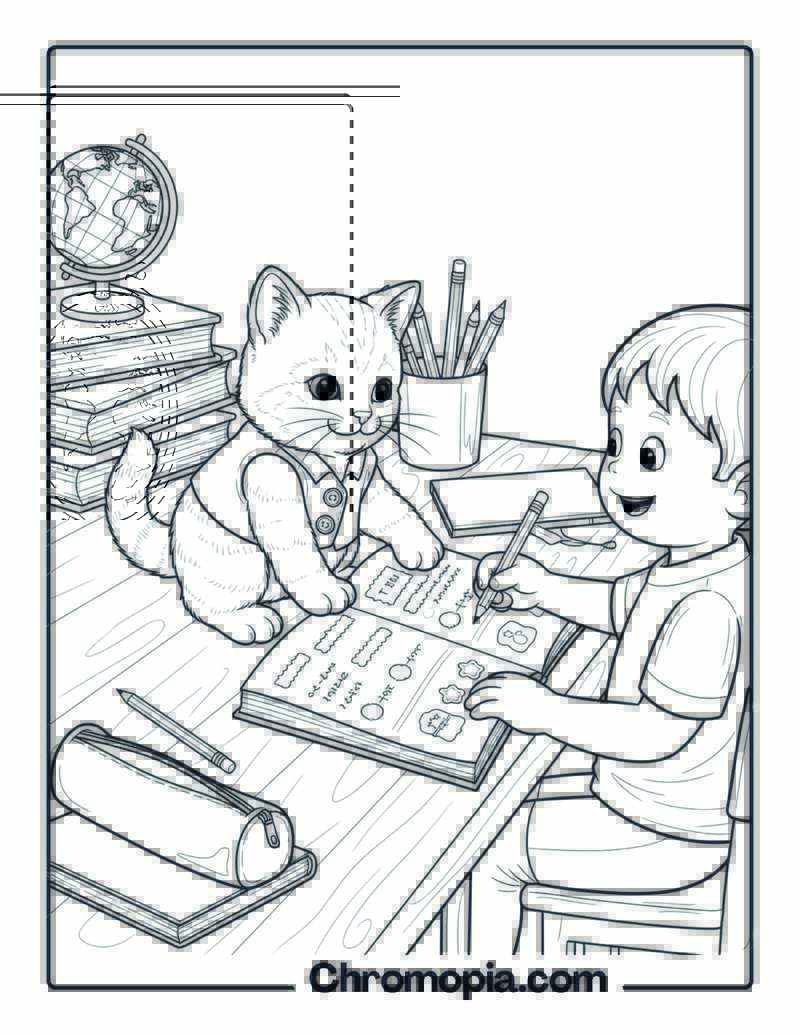 Kitten Helping with Homework coloring page