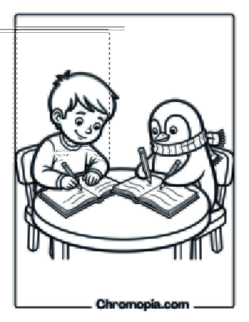 Penguin Writing in Notebook coloring page