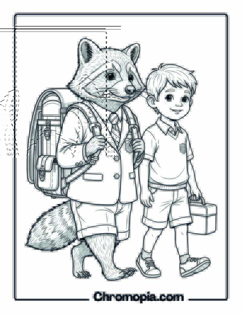 Raccoon School Backpack coloring page