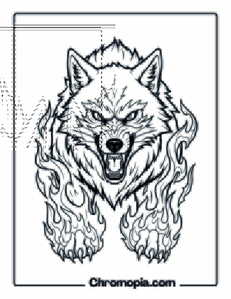 Anime-Style Wolf with Flames coloring page