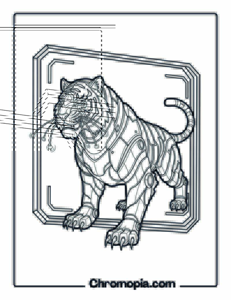 Cyberpunk Tiger with Neon Frame coloring page