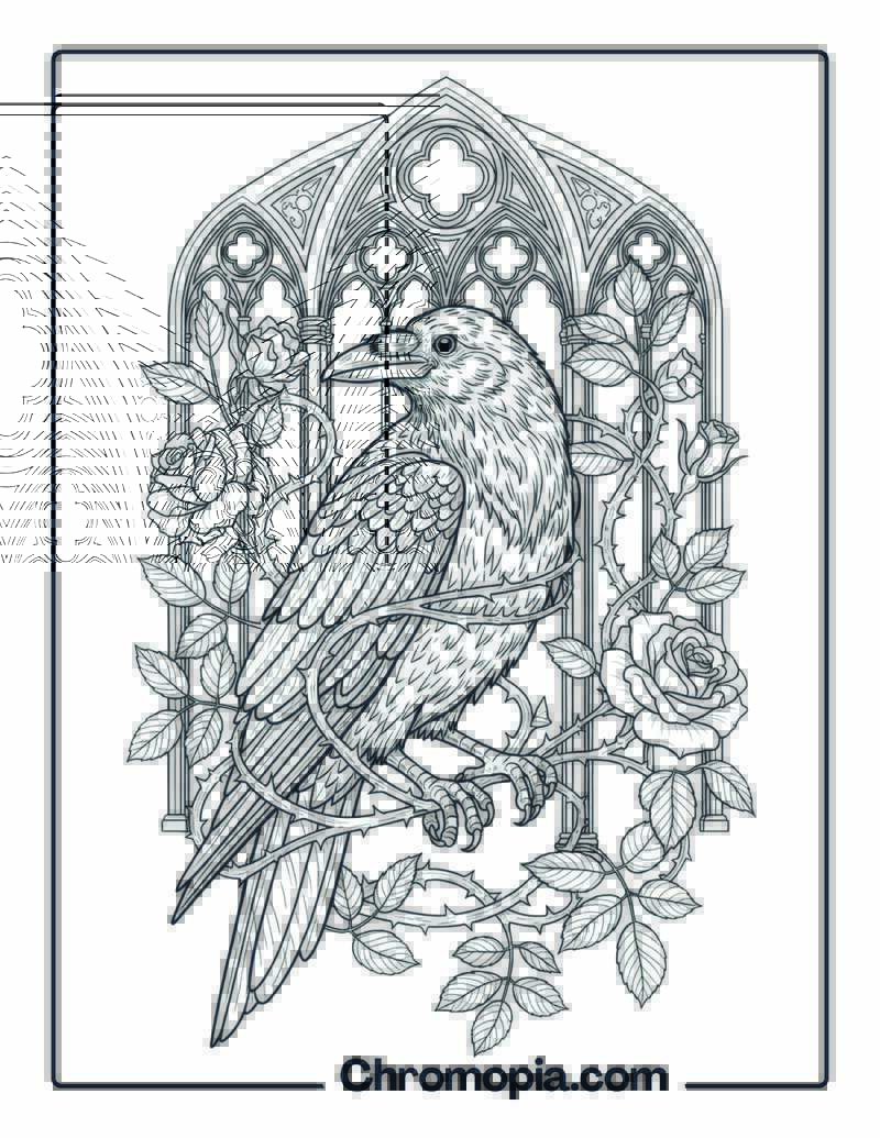 Gothic Raven with Rose Vines coloring page