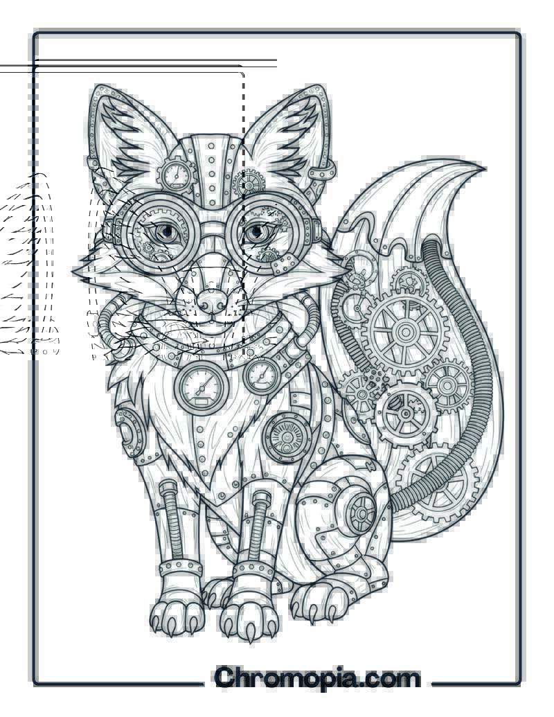Steampunk Fox with Gears coloring page