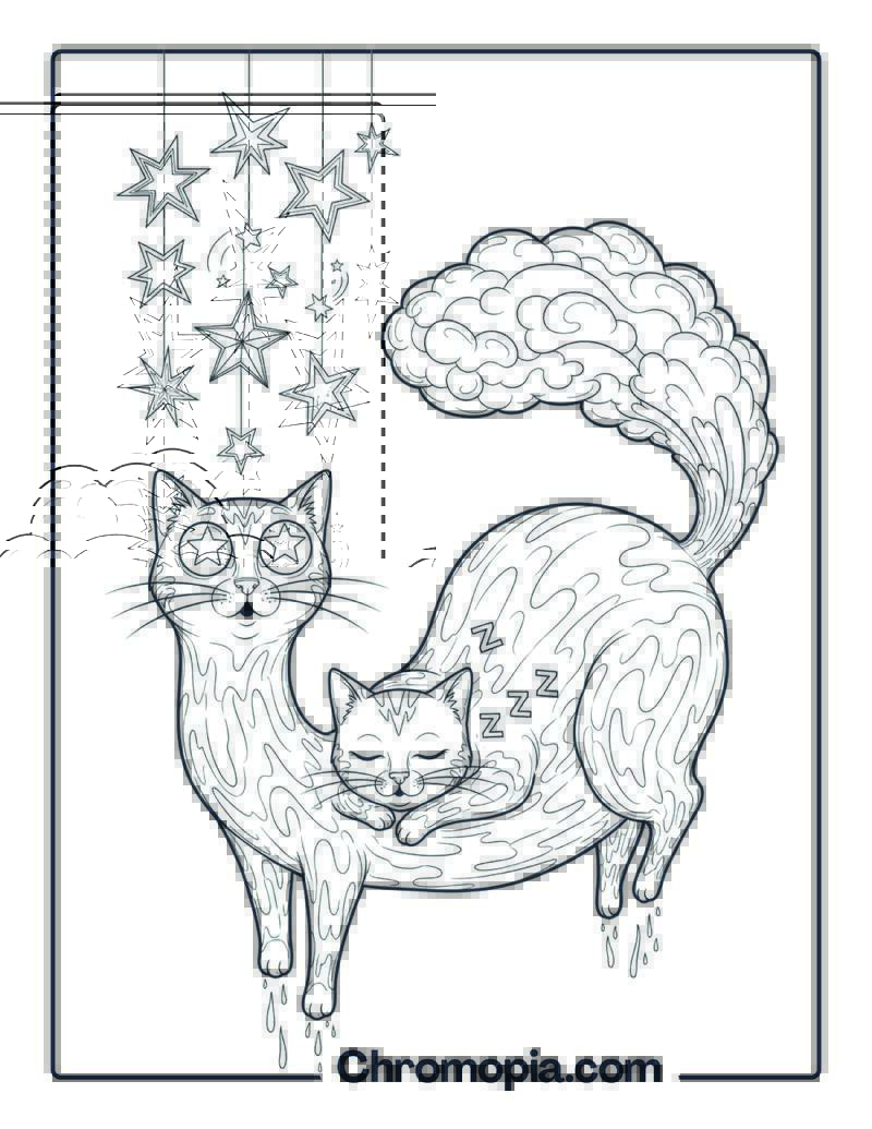 Surreal Two-Headed Cat Dream coloring page