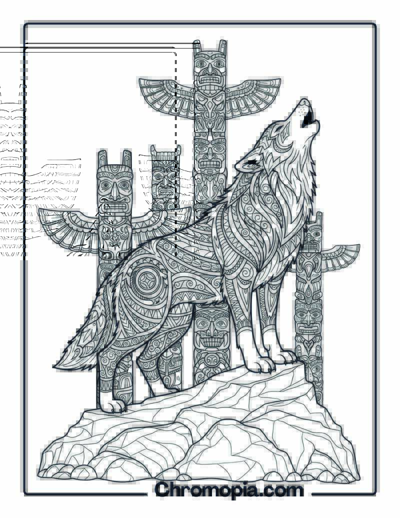 Tribal Wolf with Totem Symbols coloring page