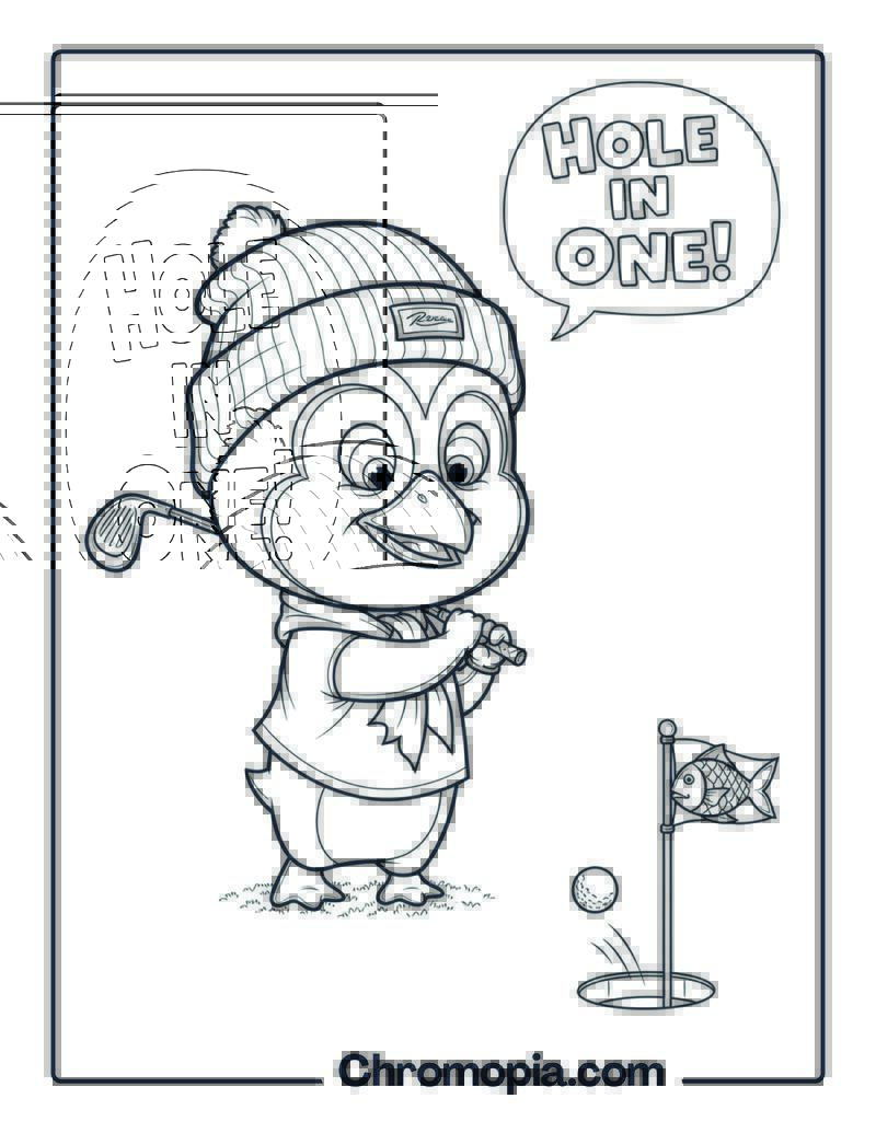 Caricature Style Penguin Golfer coloring page