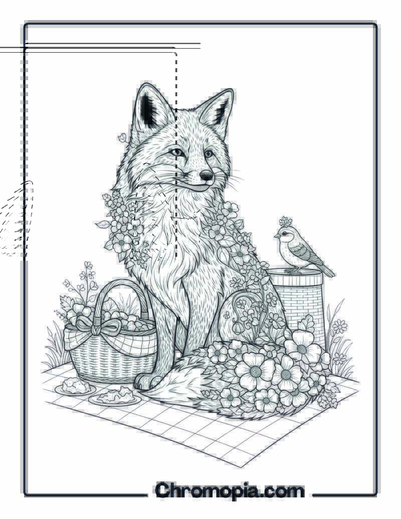 Floral Art Fox Picnic coloring page