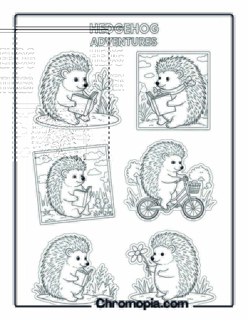 Sticker Sheet Style Hedgehog Adventures coloring page