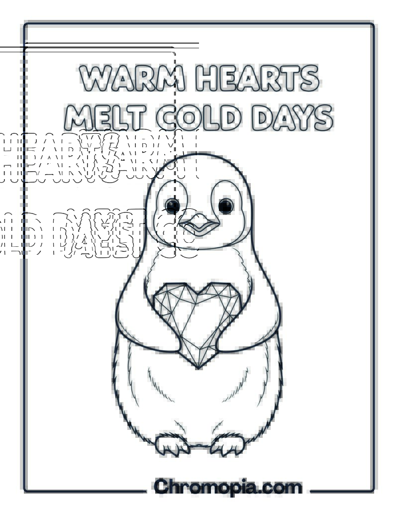 Curious Penguin Holding Heart Coloring Page