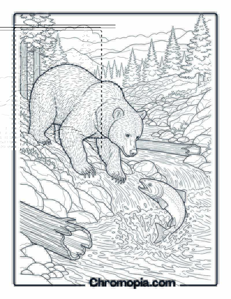 Brown Bear in Salmon Stream Coloring Page