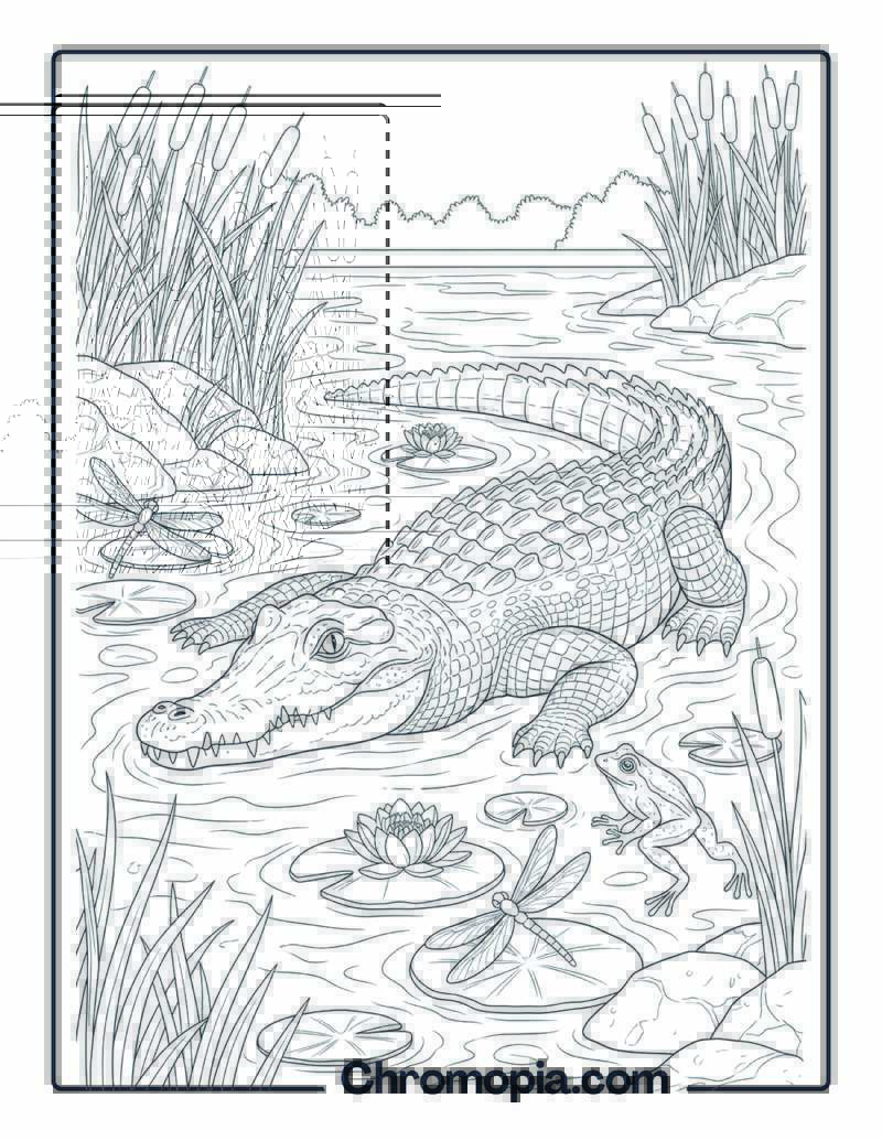 Crocodile in Riverbank Marsh Coloring Page