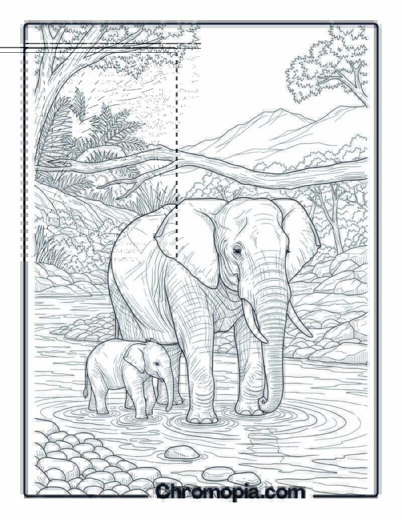 Elephants by Riverbank coloring page