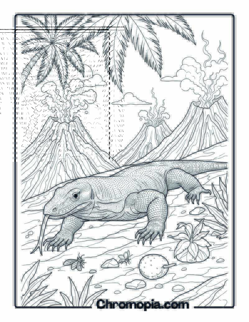 Komodo Dragon in Volcanic Island Coloring Page