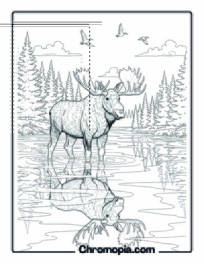 Moose in Pine Forest Lake Coloring Page