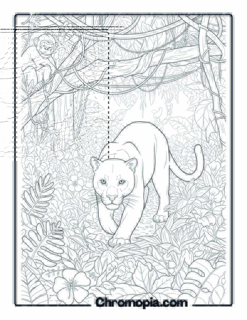 Panther in Dense Jungle Vines Coloring Page