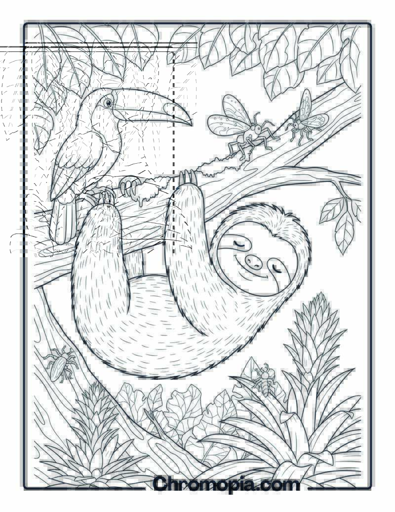 Sloth Hanging from Tree Branch Coloring Page