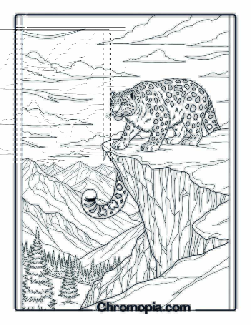 Snow Leopard on Mountain Peak Coloring Page