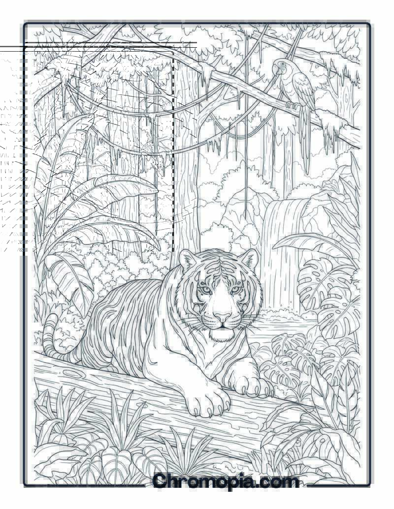 Tiger in Rainforest Jungle coloring page