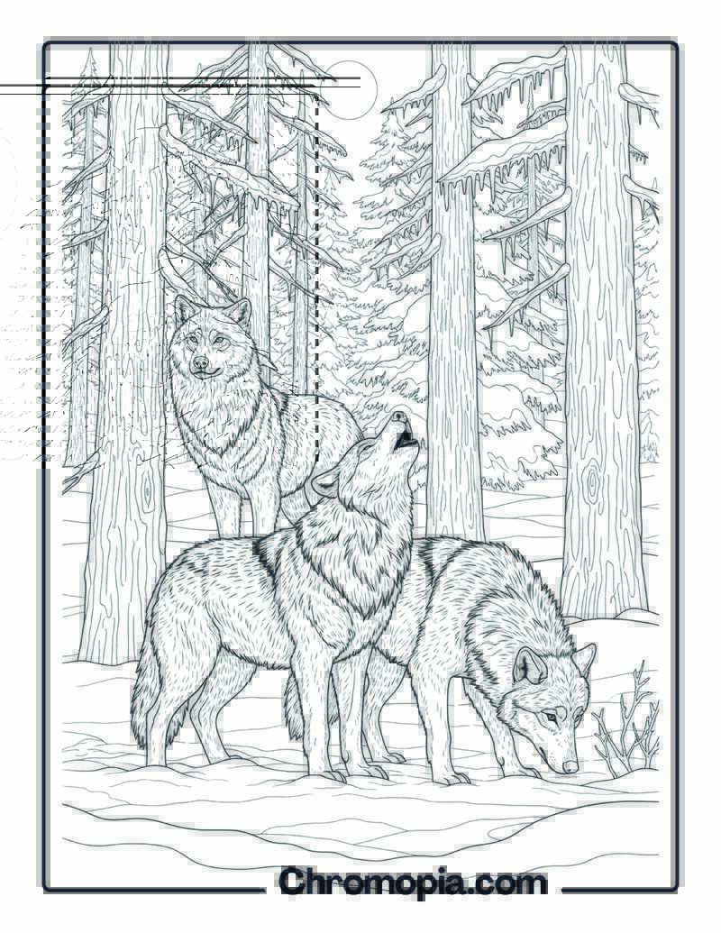 Wolves in Snowy Forest coloring page