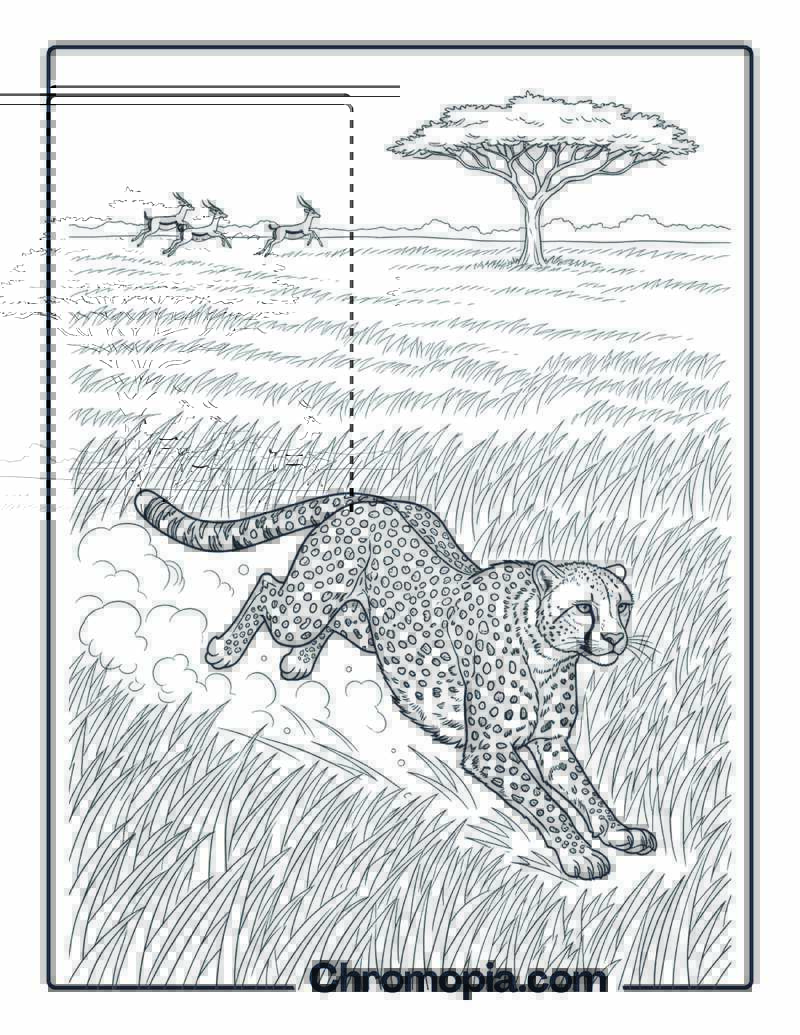 Cheetah Running Across Grasslands coloring page