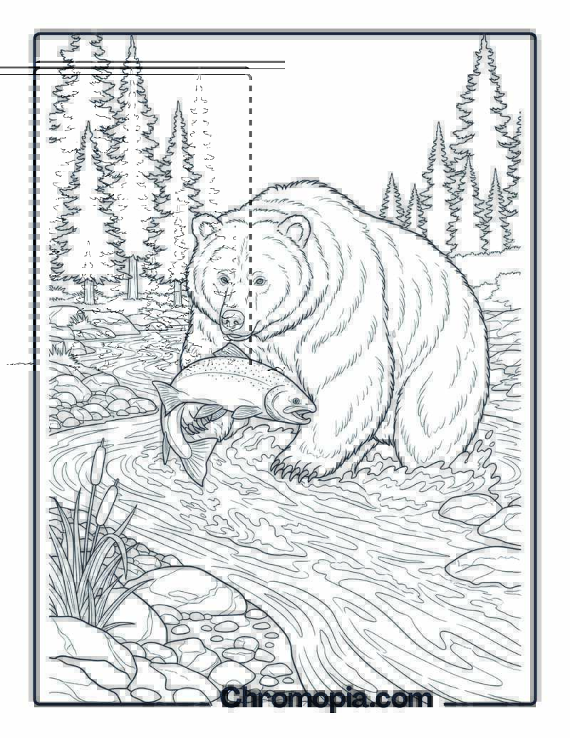 Grizzly Bear Fishing in River coloring page