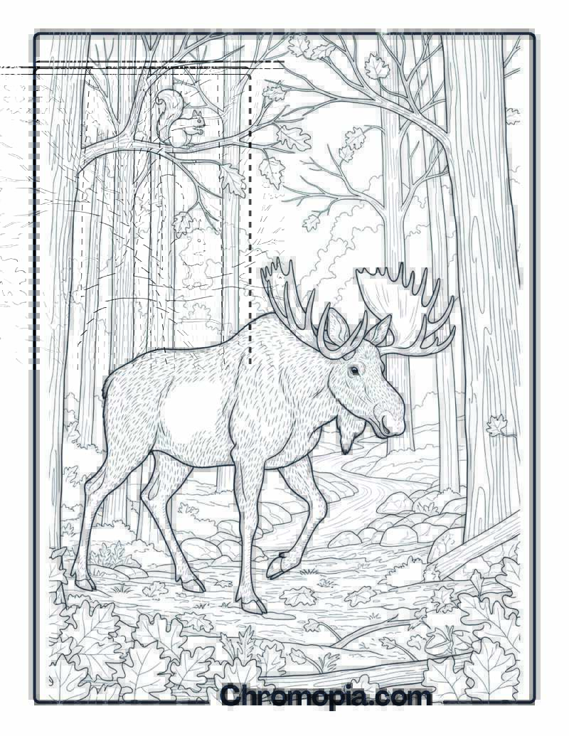 Moose in Autumn Woodland coloring page