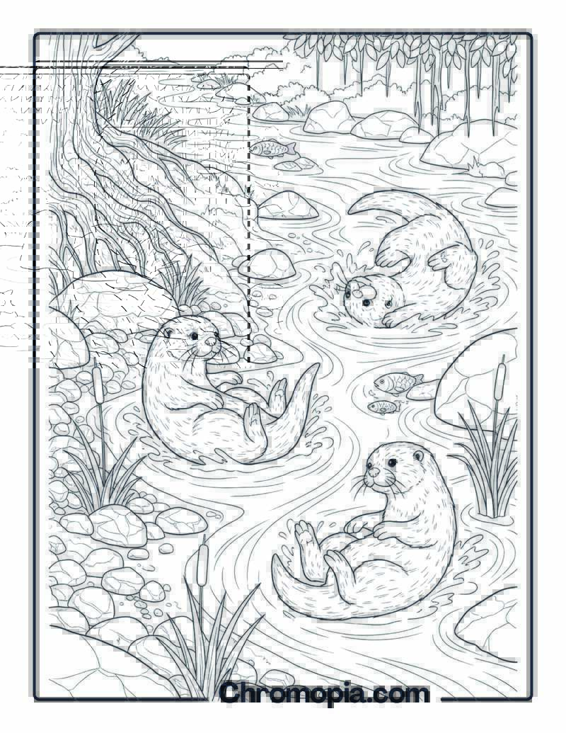 Otters Playing by River coloring page